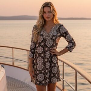 BODEN Retro Jersey Floral Tunic Dress Brown Sz 4